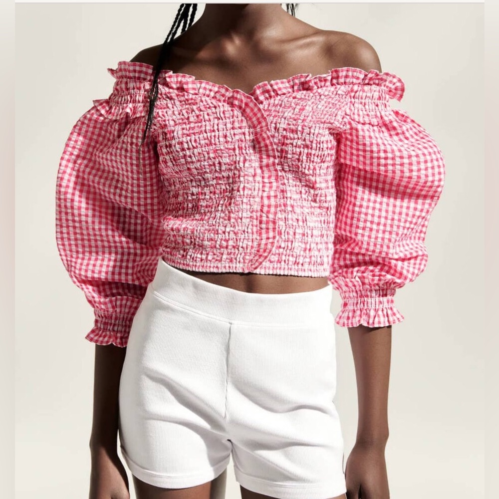 ZARA red/white stretch gingham smocked top size small